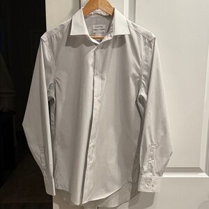 Calvin Klein Slim Fit Cotton Men's Gray Striped White Button-Down Dress Shirt